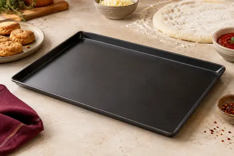 Plaque de cuisson noire en acier au carbone posée près de biscuits dorés sur un plan clair.