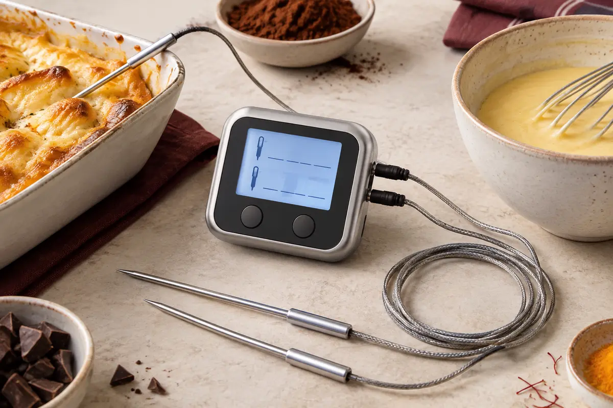 Thermomètre de cuisine argenté à grand écran avec deux sondes filaires posé sur un plan de travail clair.