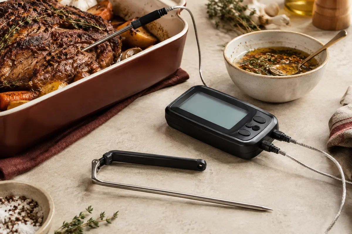 Thermomètre de cuisine noir à double sonde, avec écran LCD, sonde pliable et câble externe.