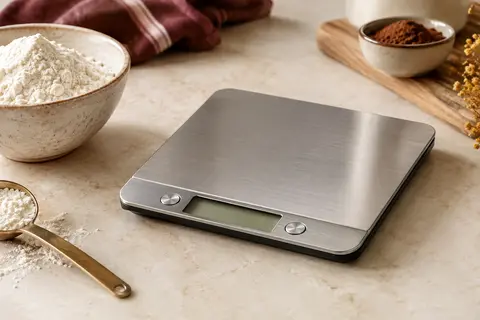 Balance de cuisine Crownful argentée en acier inoxydable, avec écran LCD incliné sur un plan de travail clair.