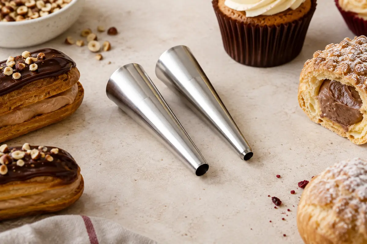 Deux douilles de remplissage en inox de diamètres différents, posées près d’éclairs et de cupcakes fourrés