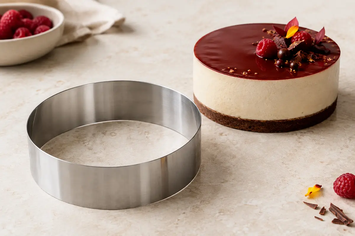 Cercle rond à entremets en inox posé près d’un dessert mousse sur un plan de travail clair.