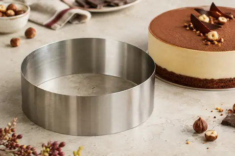 Cercle à entremets rond en inox posé près d’un dessert à mousse aux contours réguliers