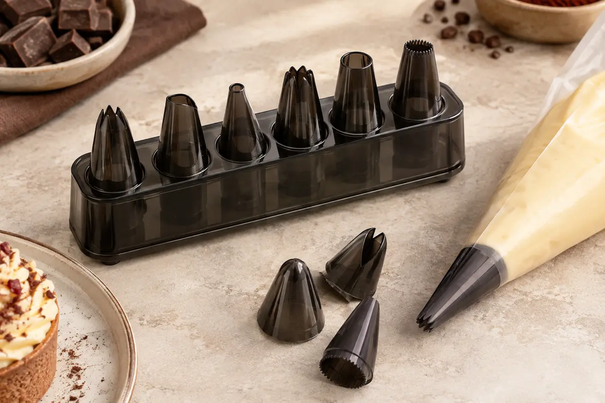 Six douilles pâtissières en Tritan noir translucide avec leur support, posées près d’une poche sur un plan clair.