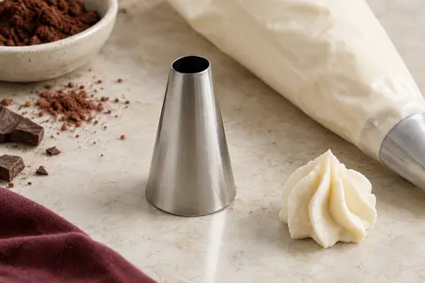 Douille unie en inox posée près d’une poche pâtissière et d’une crème pochée sur pierre claire.