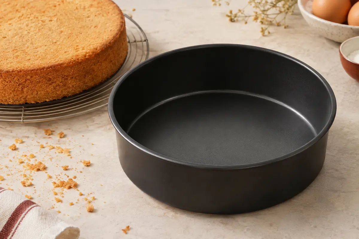 Moule à manqué rond en acier noir antiadhésif posé sur un plan de travail en pierre claire.