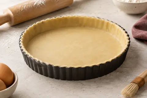 Moule à tarte rond noir en acier antiadhésif, avec bord cannelé et fond fixe, posé sur un plan clair.