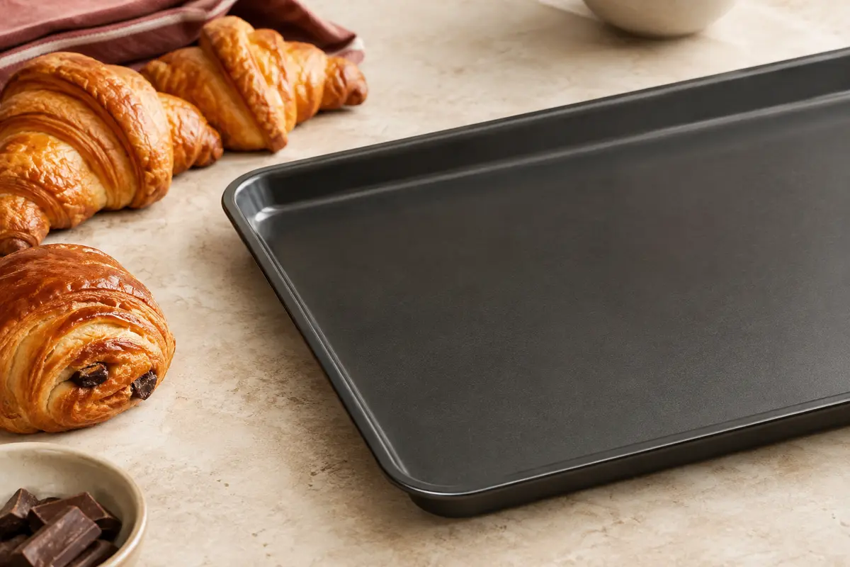 Plaque pâtissière rectangulaire noire en aluminium antiadhésif près de viennoiseries sur un plan clair.