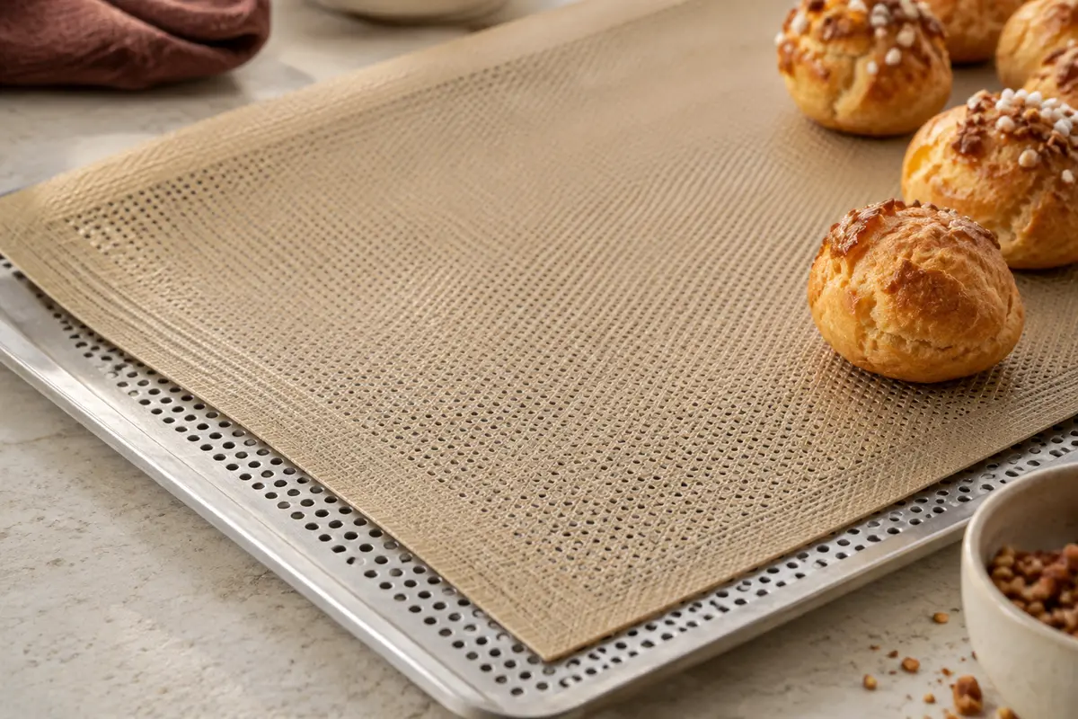 Tapis de cuisson beige micro-aéré posé sur une plaque perforée, avec des choux dorés à proximité