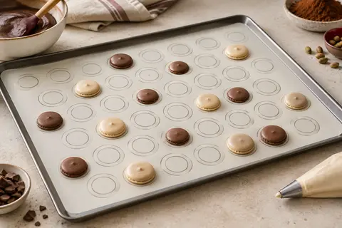 Tapis blanc en silicone avec 44 repères circulaires pour pocher des coques de macarons