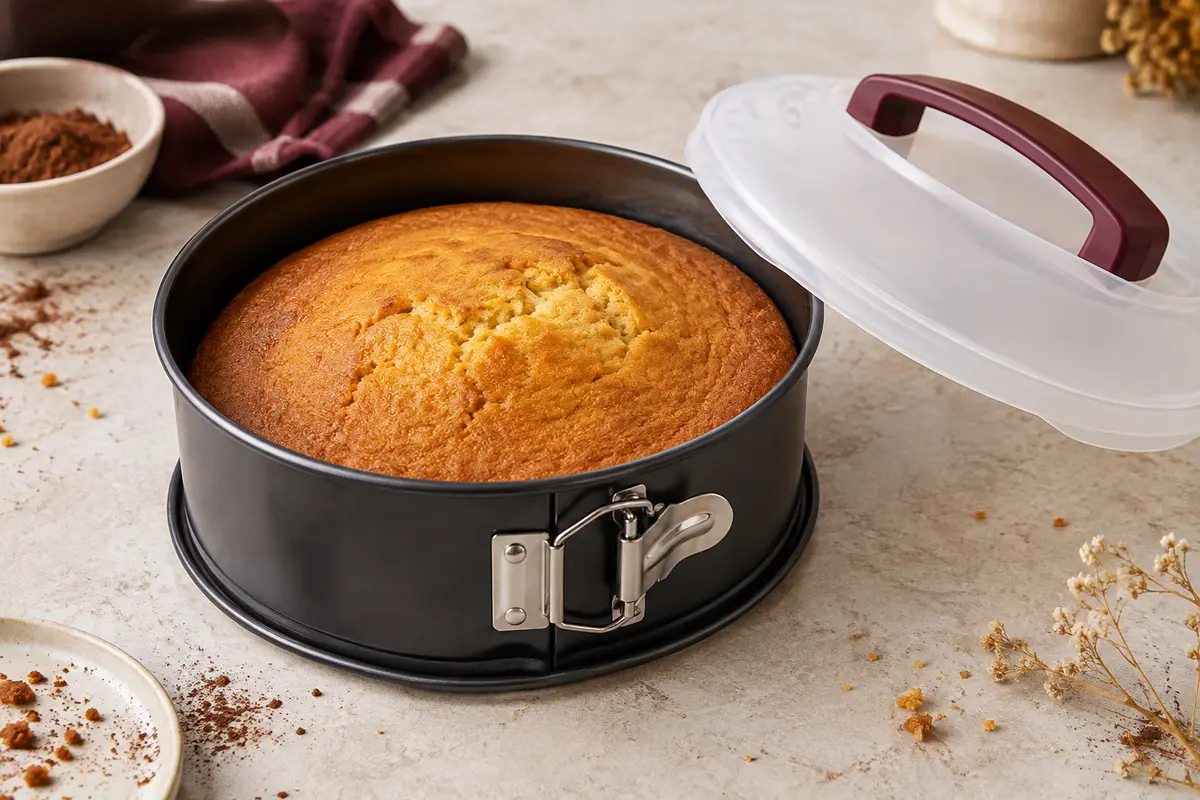 Moule à manqué rond à charnière avec fond amovible et couvercle à poignée, présenté avec un gâteau doré