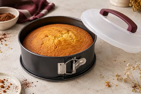 Moule à manqué rond à charnière avec fond amovible et couvercle à poignée, présenté avec un gâteau doré