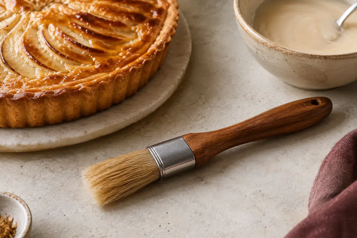 Pinceau à pâtisserie en bois et à poils naturels posé près d’une tarte et d’un bol de glaçage