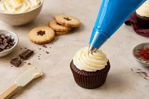 Poche à douille jetable bleue garnie de crème, posée près d’un cupcake sur un plan clair