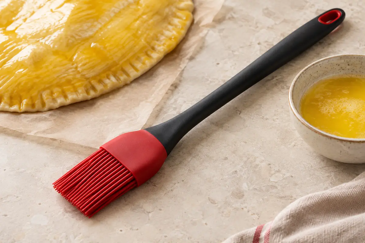 Pinceau de cuisine en silicone rouge et noir posé près d’une pâte dorée sur un plan de travail clair