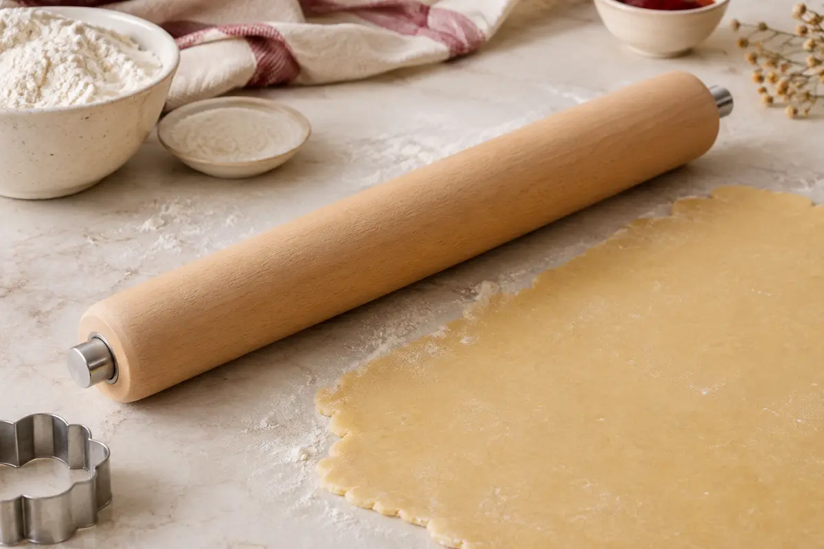 Rouleau à pâtisserie cylindrique en hêtre clair avec axe métallique, posé près d’une pâte étalée.