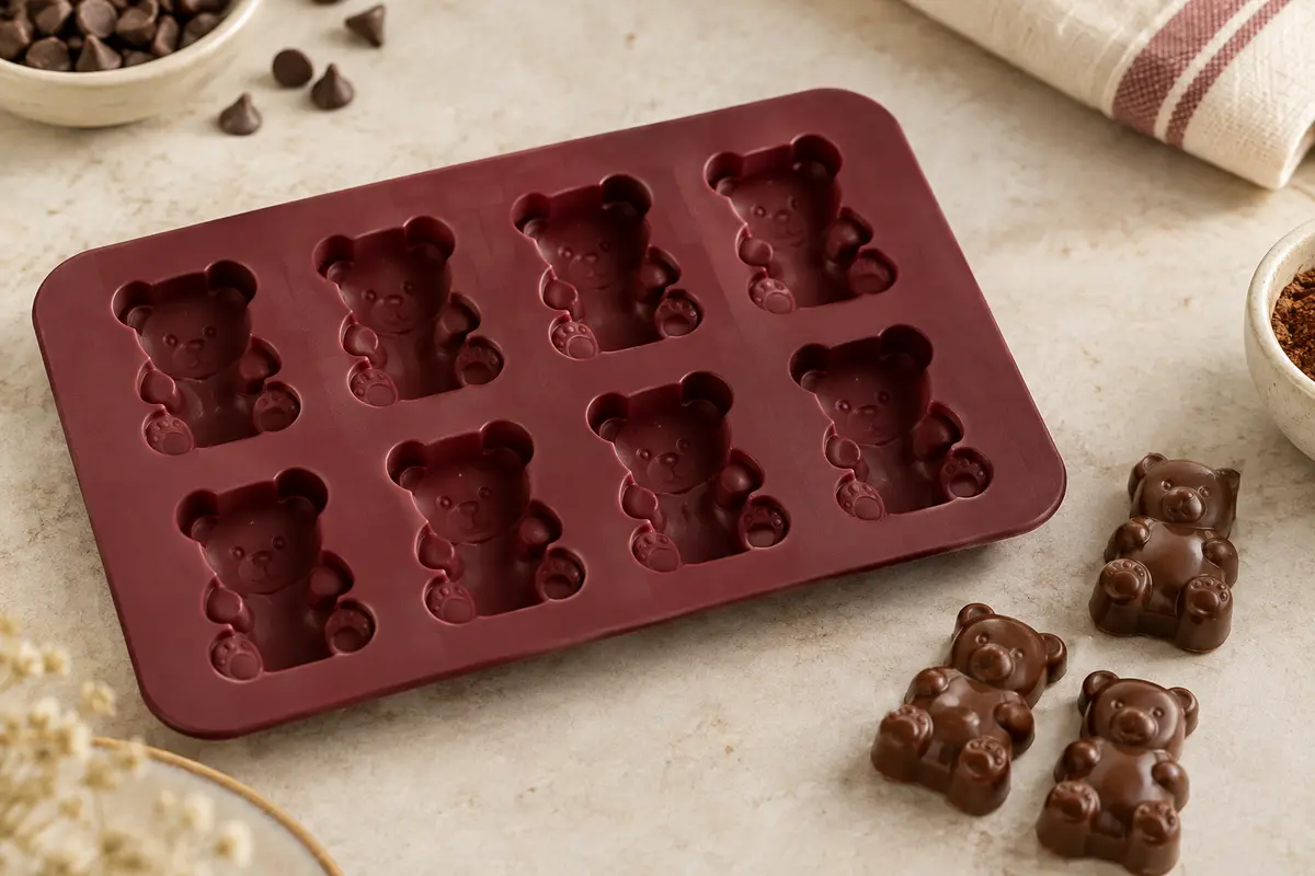 Moule en silicone à huit cavités ourson posé près de chocolats moulés sur un plan de travail clair