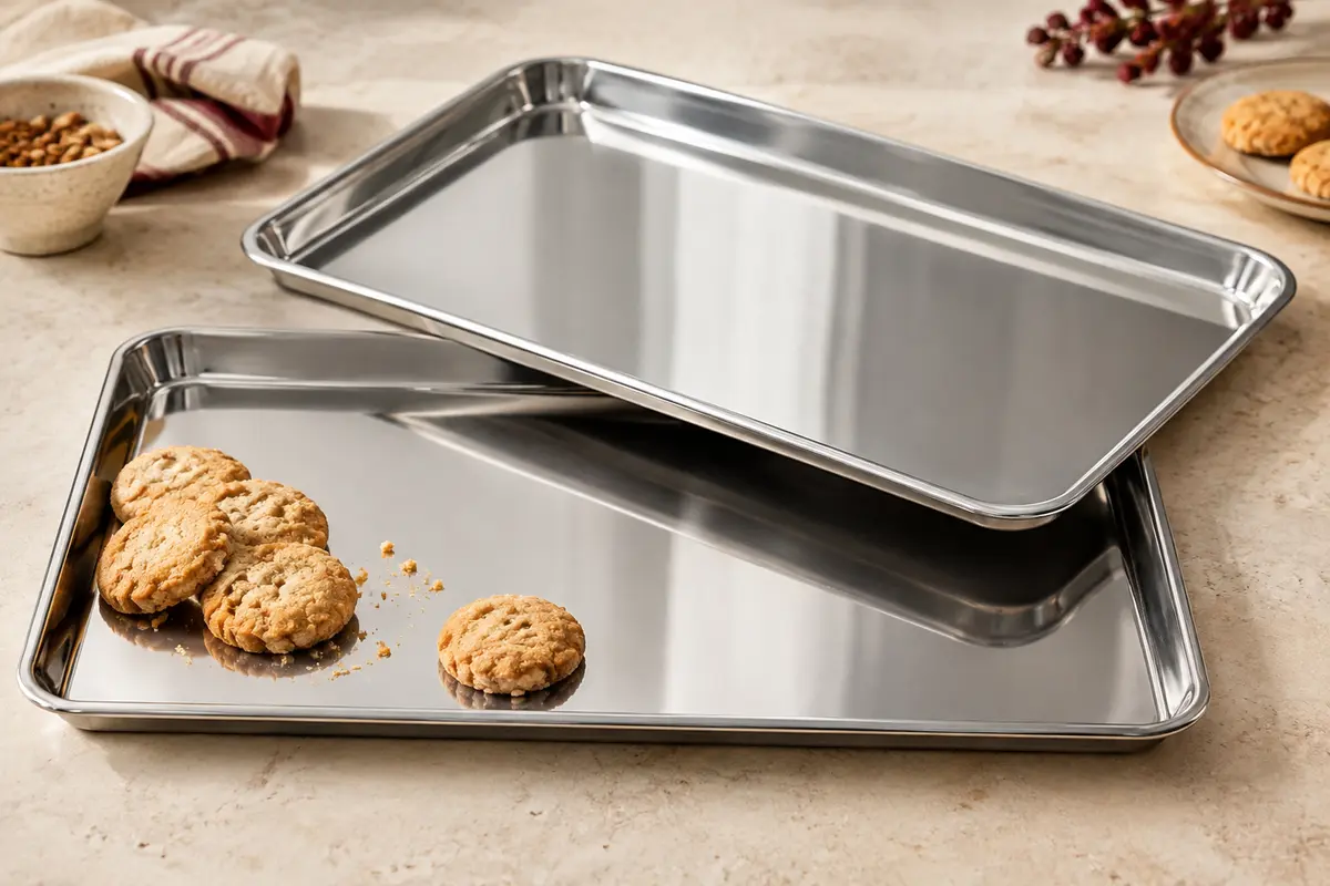 Deux plaques à pâtisserie en inox argenté à finition miroir, avec rebords relevés, sur un plan de travail clair.
