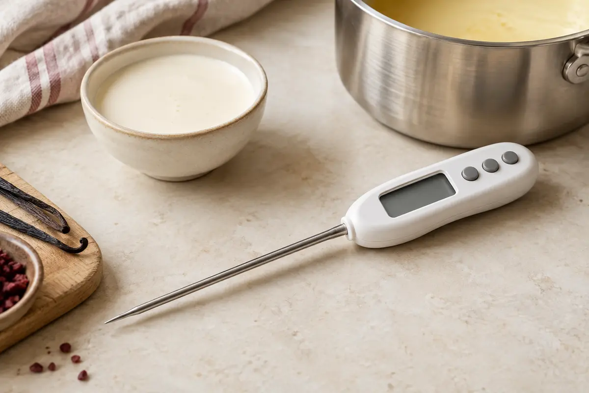 Thermomètre digital blanc à longue sonde inox posé près d’un bol de préparation pâtissière