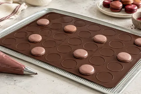 Tapis de cuisson en silicone brun chocolat à 48 empreintes circulaires posé sur une plaque perforée