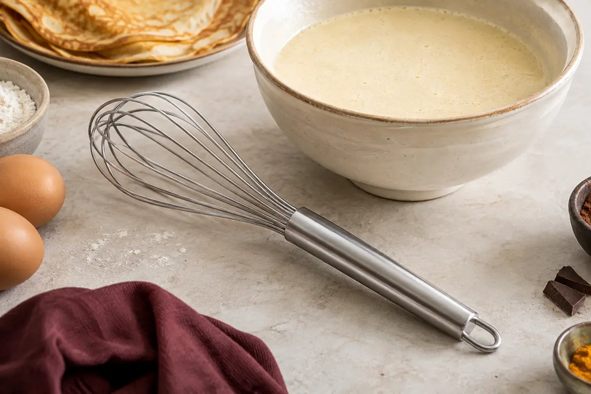 Fouet de pâtisserie en acier inoxydable posé près d’un saladier de pâte à crêpes