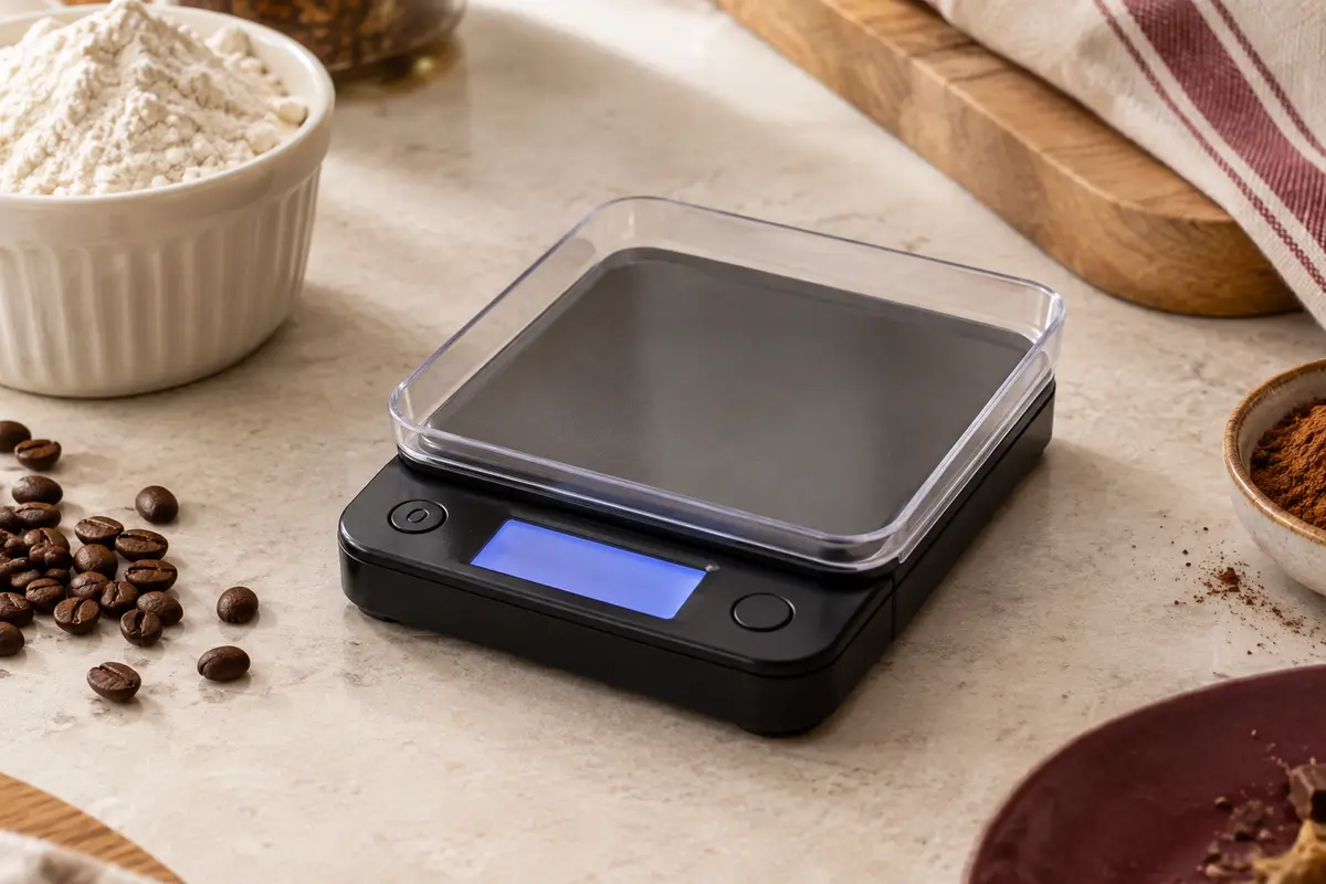 Balance de cuisine noire compacte avec écran LCD et couvercle utilisé comme plateau, posée près d’ingrédients.
