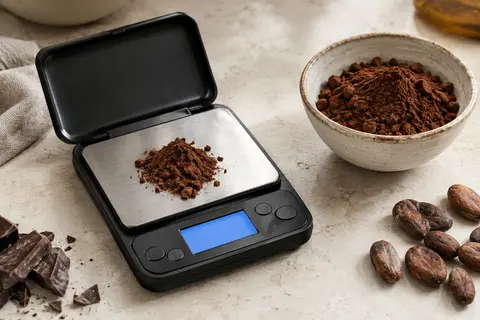 Balance de précision noire à plateau inox et écran rétroéclairé, posée près d’une coupelle de cacao.