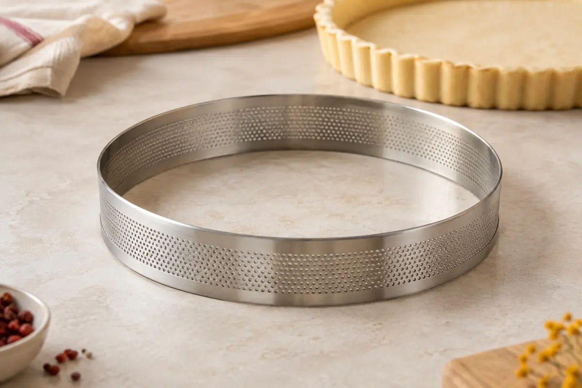 Cercle à pâtisserie Gobel en inox micro-perforé posé près d’un fond de tarte cru