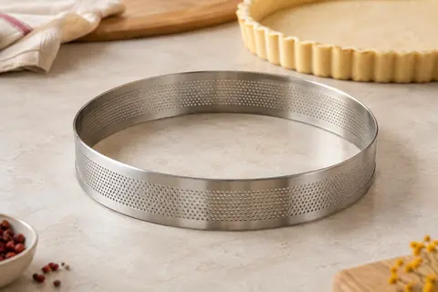 Cercle à pâtisserie Gobel en inox micro-perforé posé près d’un fond de tarte cru