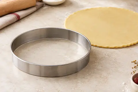 Cercle à tarte rond en inox à bord roulé, posé près d’une pâte sur un plan de travail clair.