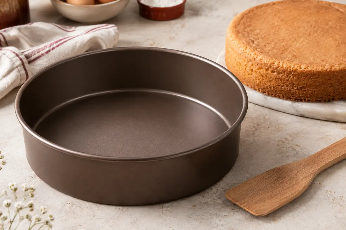 Moule à manqué rond brun de 22 cm posé près d’une génoise dorée sur un plan clair