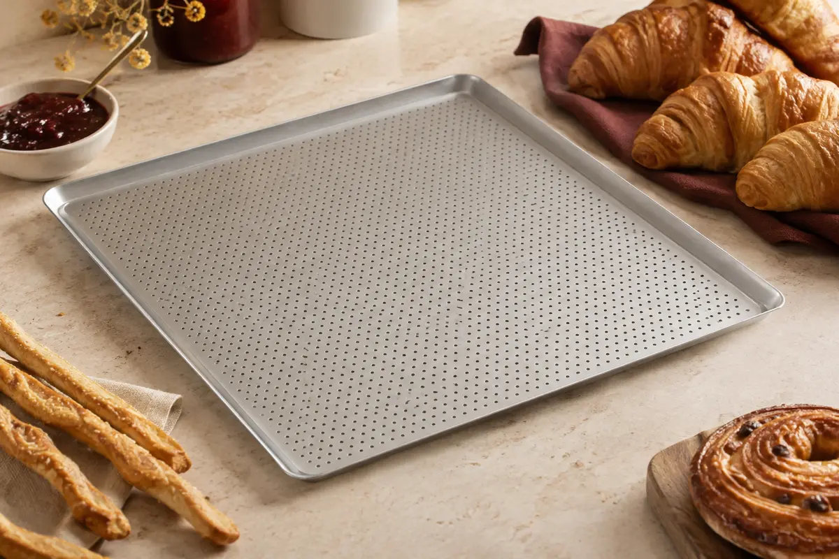 Plaque de cuisson rectangulaire en aluminium perforé posée près de baguettes et de viennoiseries dorées