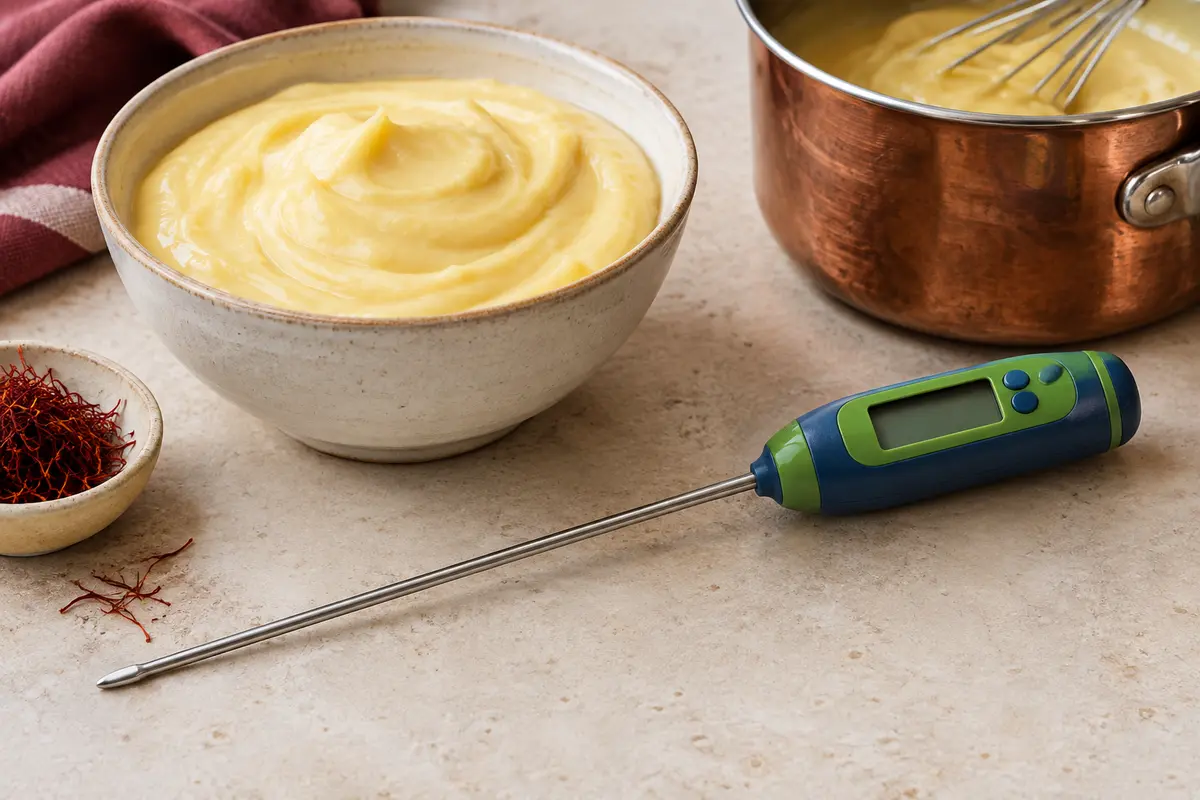 Thermomètre sonde bleu et vert posé près d’une crème pâtissière sur un plan de travail clair