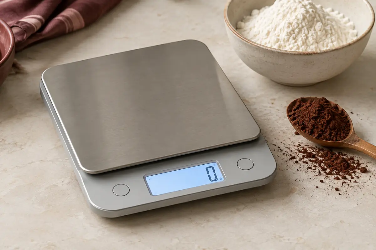 Balance de cuisine compacte en acier inoxydable posée près d’un bol de farine sur un plan clair.