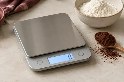 Balance de cuisine compacte en acier inoxydable posée près d’un bol de farine sur un plan clair.