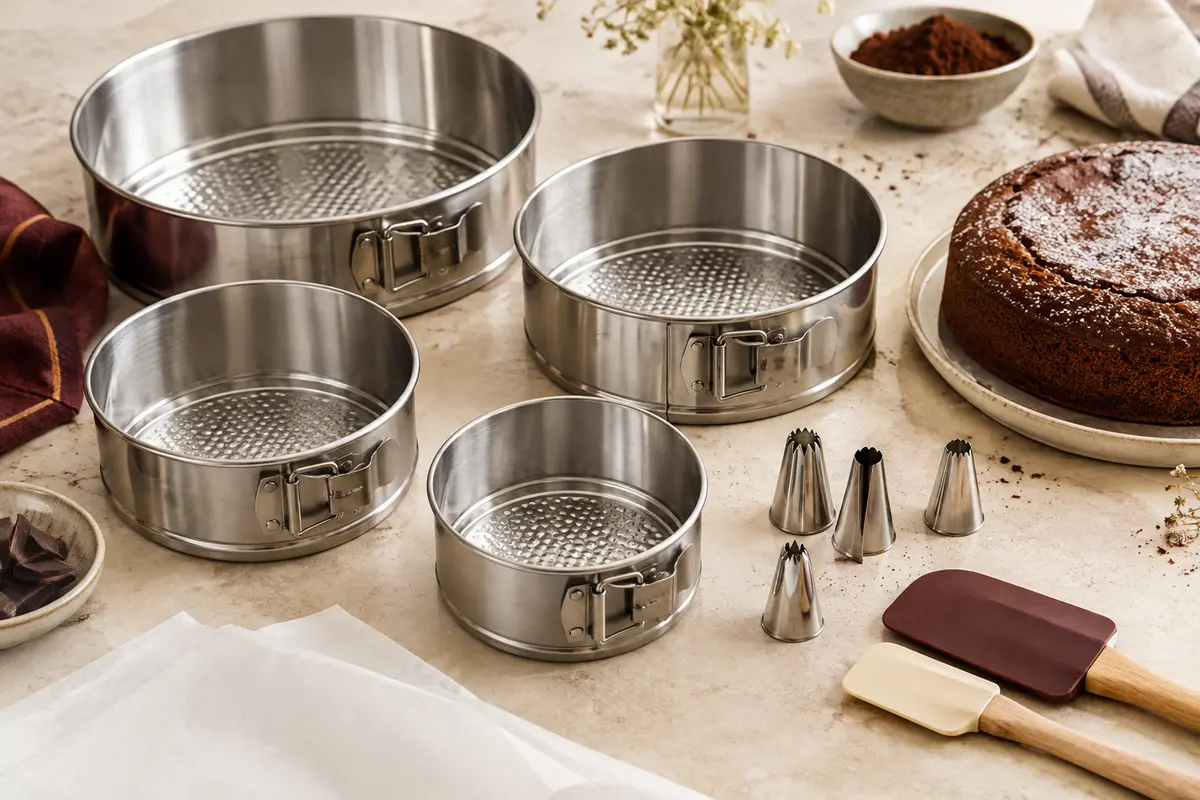 Quatre moules ronds à fond amovible accompagnés d’accessoires de pâtisserie sur un plan clair.