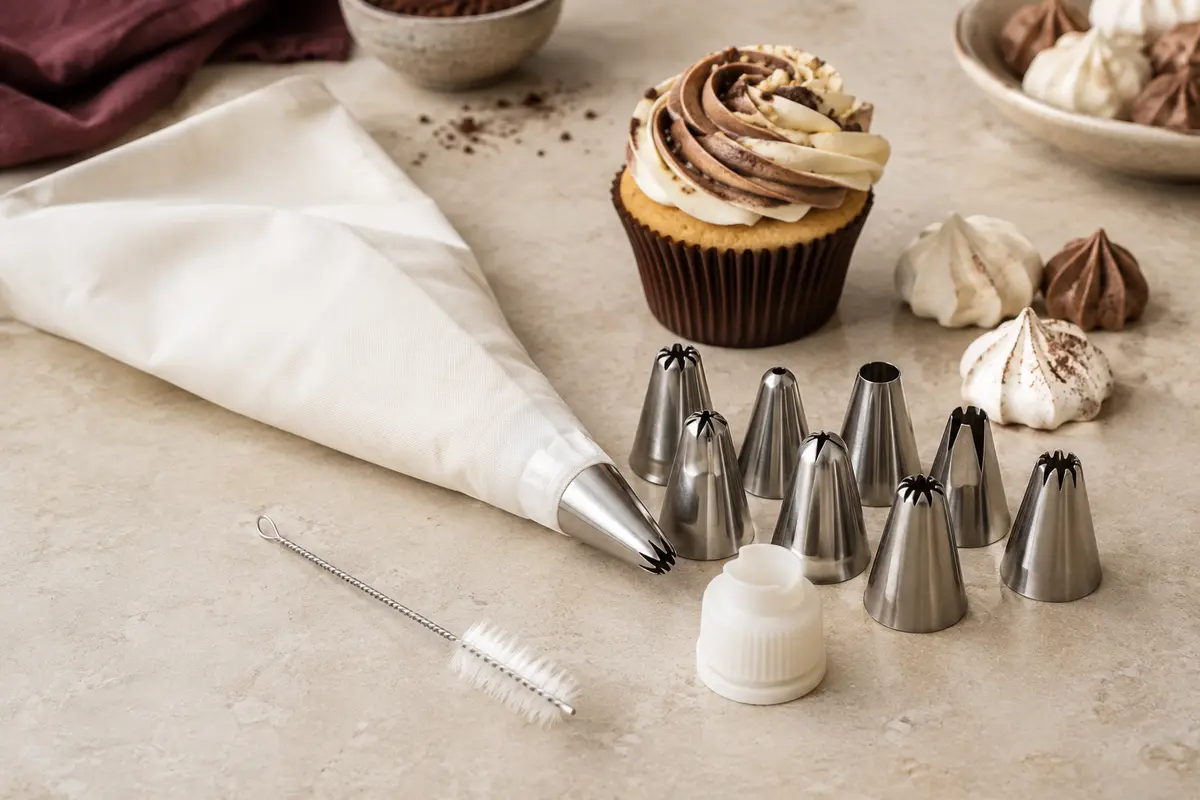 Poche pâtissière blanche en coton accompagnée de douilles inox, d’un adaptateur et d’une brosse.