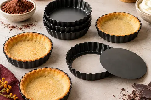 Lot de moules à tartelettes noirs à bords cannelés, dont un avec le fond amovible séparé.
