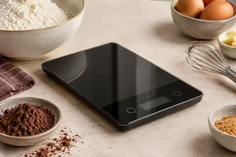 Balance de cuisine noire à plateau en verre posée sur un plan de travail clair près d’un bol de farine.
