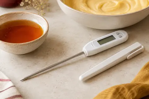 Thermomètre de cuisson blanc à sonde inox posé près d’un bol de sirop sur un plan clair.
