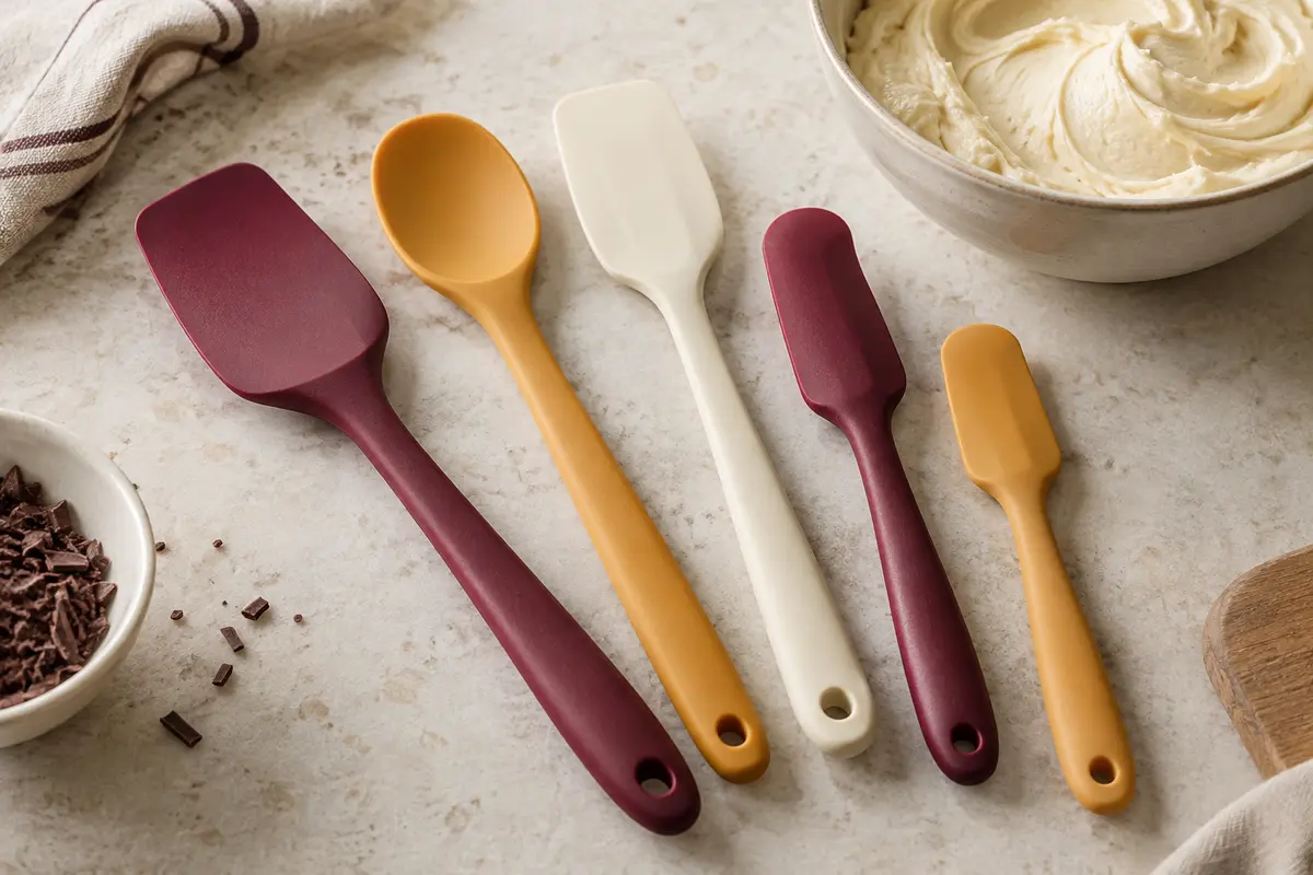 Cinq spatules en silicone de formes différentes disposées près d’un bol de préparation crémeuse