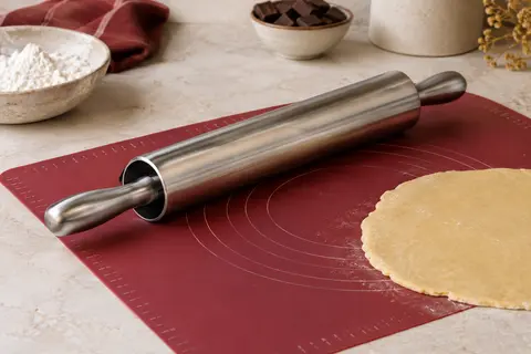 Rouleau à pâtisserie en inox posé sur un tapis gradué en silicone rouge sur un plan clair