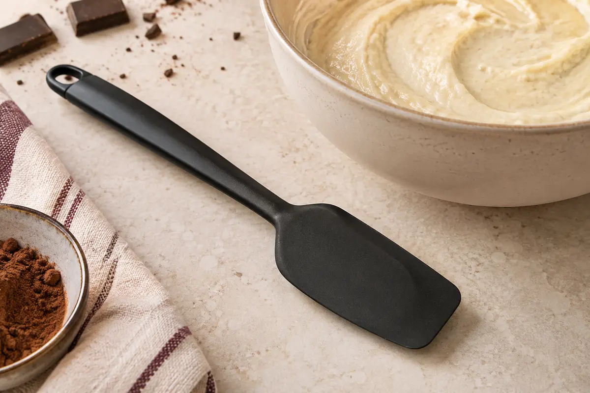 Demi-spatule noire en silicone posée près d’un bol de pâte sur un plan de travail clair.