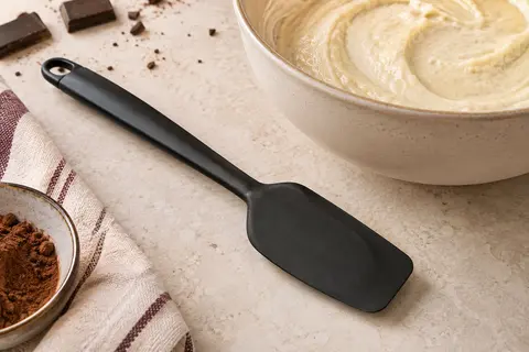 Demi-spatule noire en silicone posée près d’un bol de pâte sur un plan de travail clair.