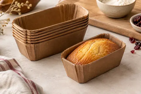 Mini moules rectangulaires marron en papier, avec un petit cake doré posé sur un plan de travail clair.