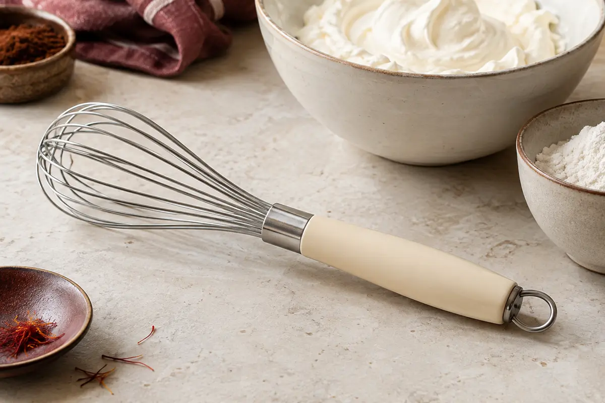 Fouet de cuisine en inox à manche crème d’amande posé près d’un bol de crème sur un plan clair.