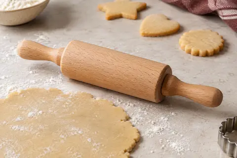 Mini rouleau à pâtisserie KitchenCraft en hêtre posé près d’une pâte sur un plan de travail clair