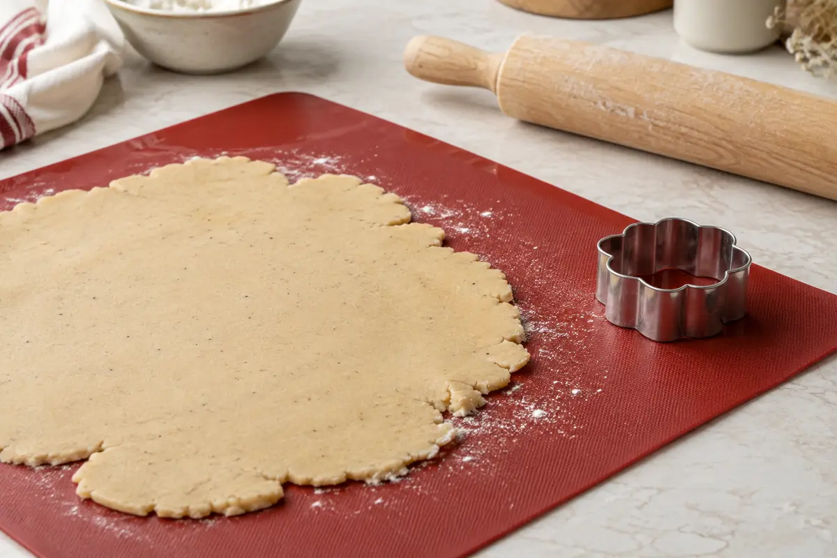 Tapis de cuisson rouge en silicone posé sur un plan clair avec une pâte étalée et un coupe-pâte.