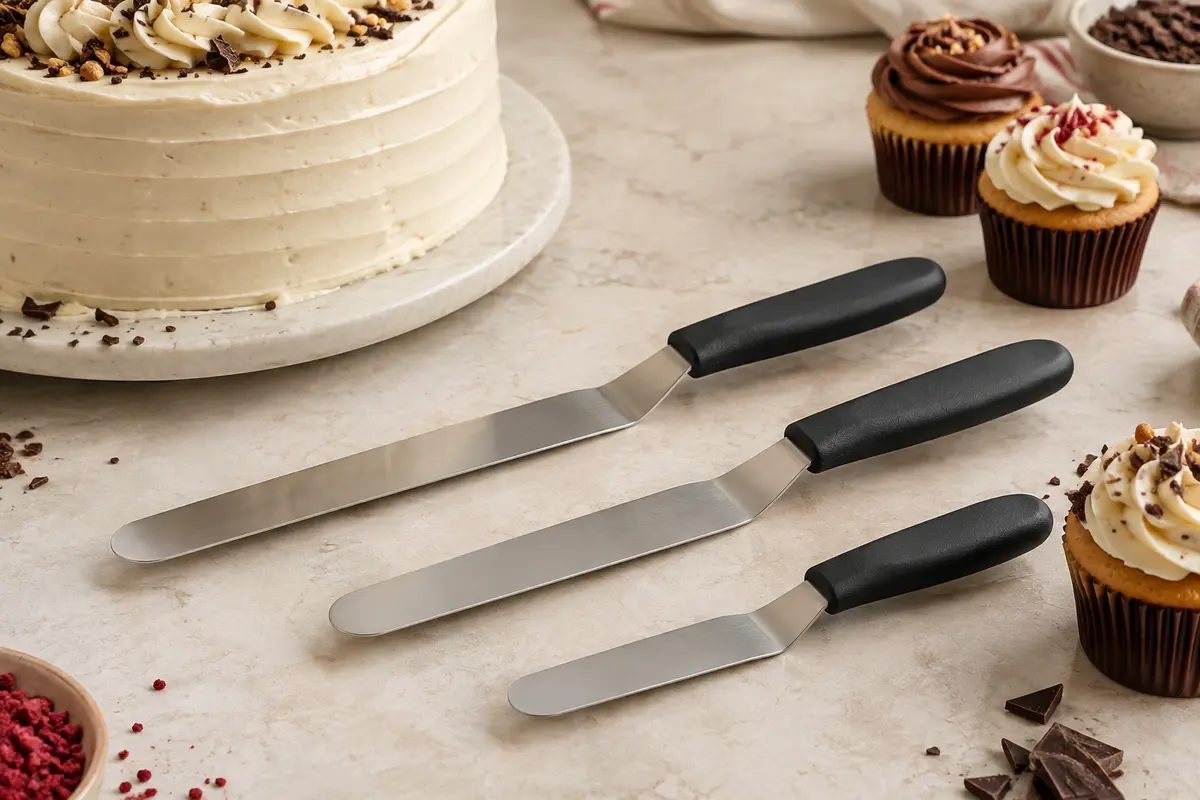 Trois spatules coudées en acier inoxydable aux manches noirs, posées près d’un gâteau glacé.