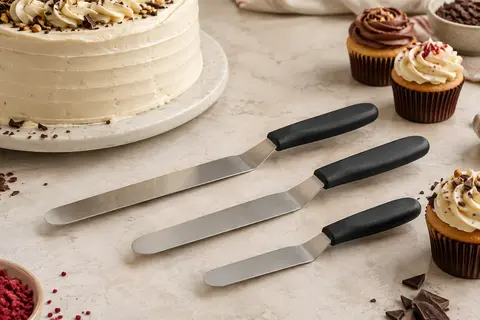 Trois spatules coudées en acier inoxydable aux manches noirs, posées près d’un gâteau glacé.